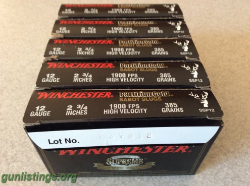 Ammo Winchester Supreme Gold Partition Sabot Slugs 12 GA.