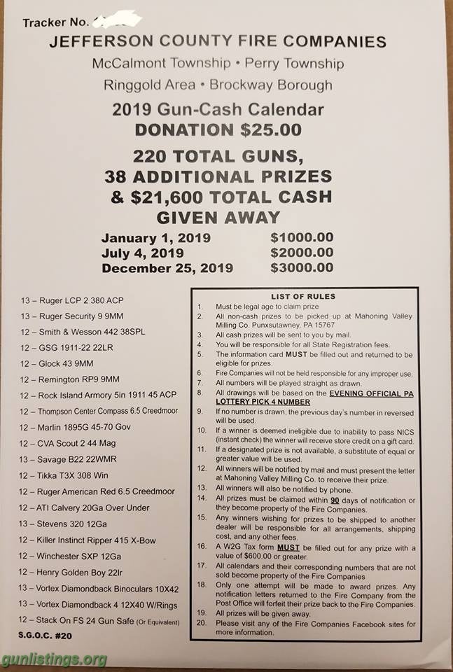 Misc 2019 Gun And Cash Calendar Raffle