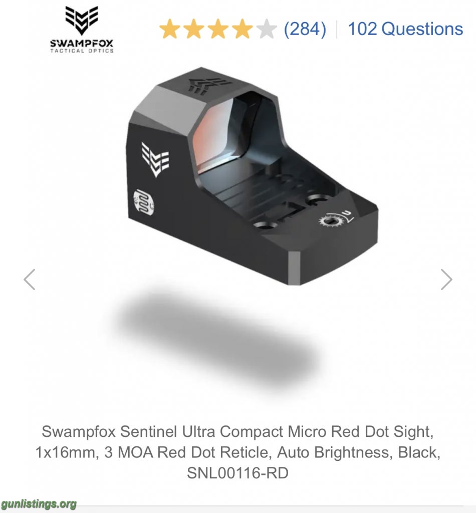 Pistols Swampfox Sentinel Red Dot For Glock 43x/Hellcat/Shield