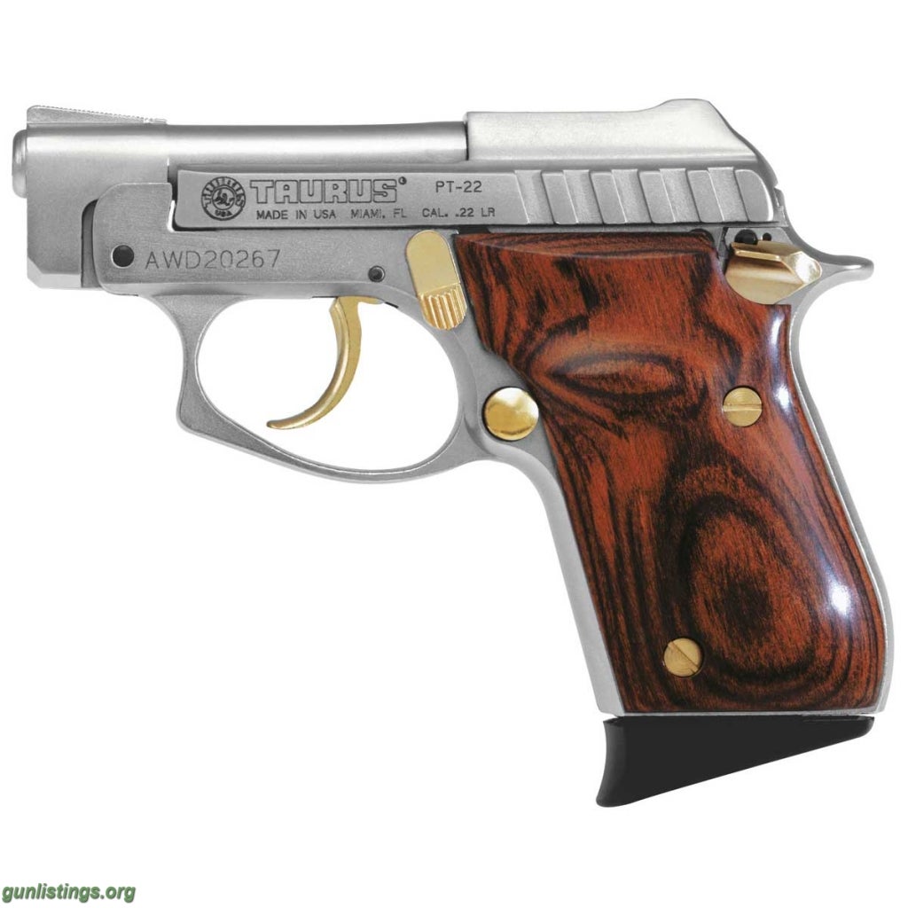 Pistols Taurus PT-22, 22lr Nickel/Rosewood W/Gold Accents  NEW