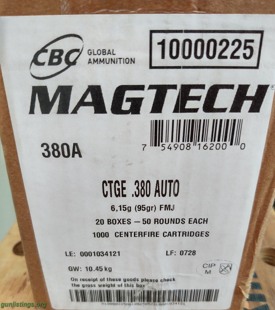 Ammo .380 ACP Magtech 95 Gr FMJ - Case Of 1,000 Rounds