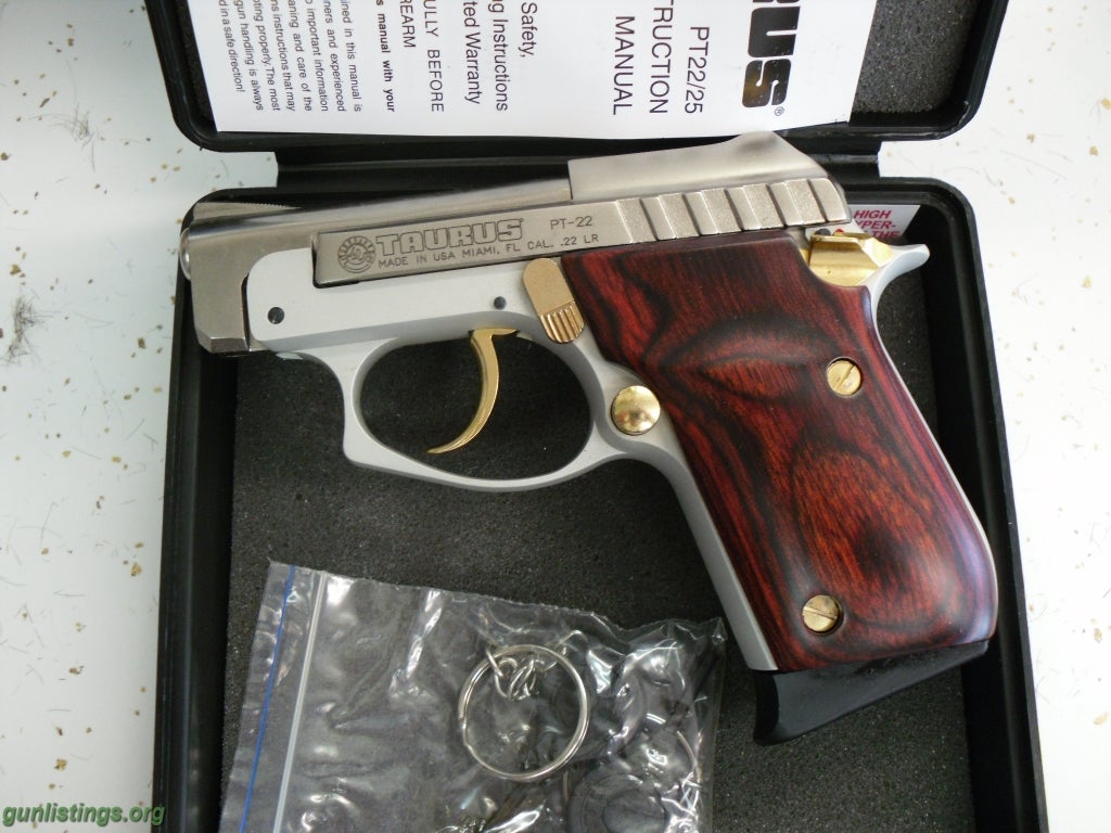 Pistols Taurus PT-22, 22lr Nickel/Rosewood W/Gold Accents  NEW