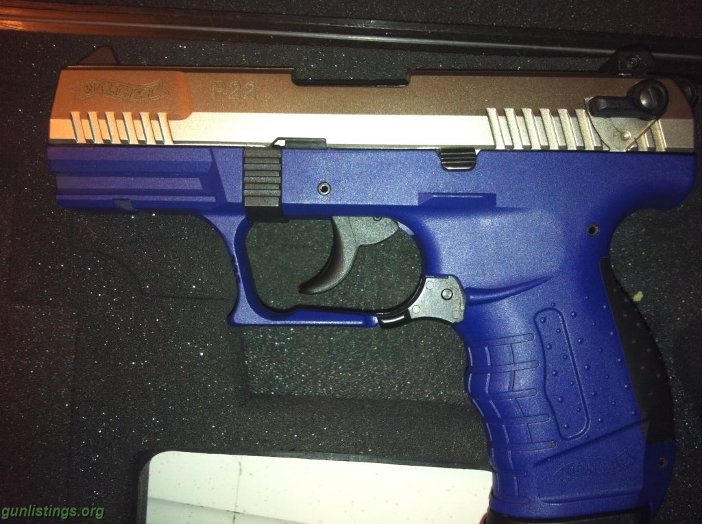 Pistols Nickel Walther P22 With Blue Frame.