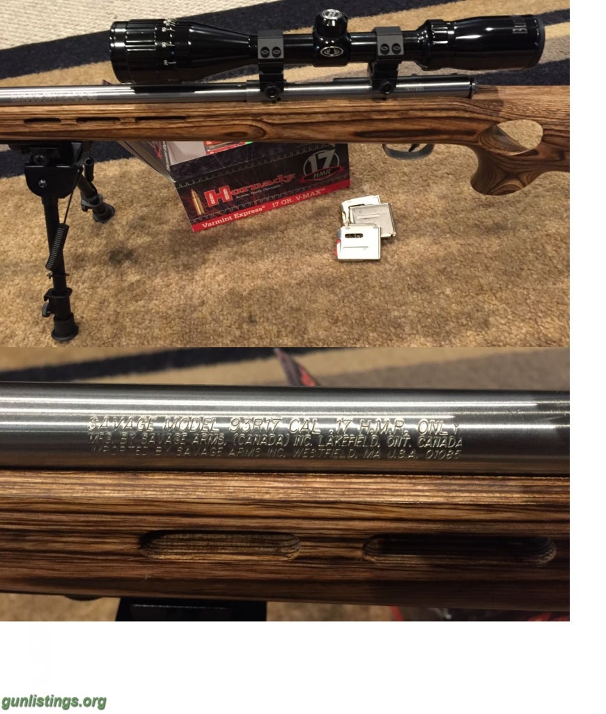 Rifles Savage 17 HMR 93R17 Heavy Barrel Stainless -  Thumbhole